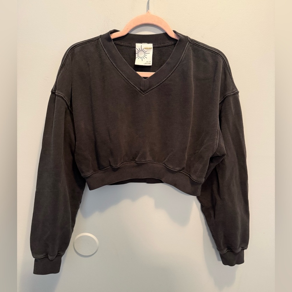Aerie Charcoal Cropped V Neck Sweatshirt XS